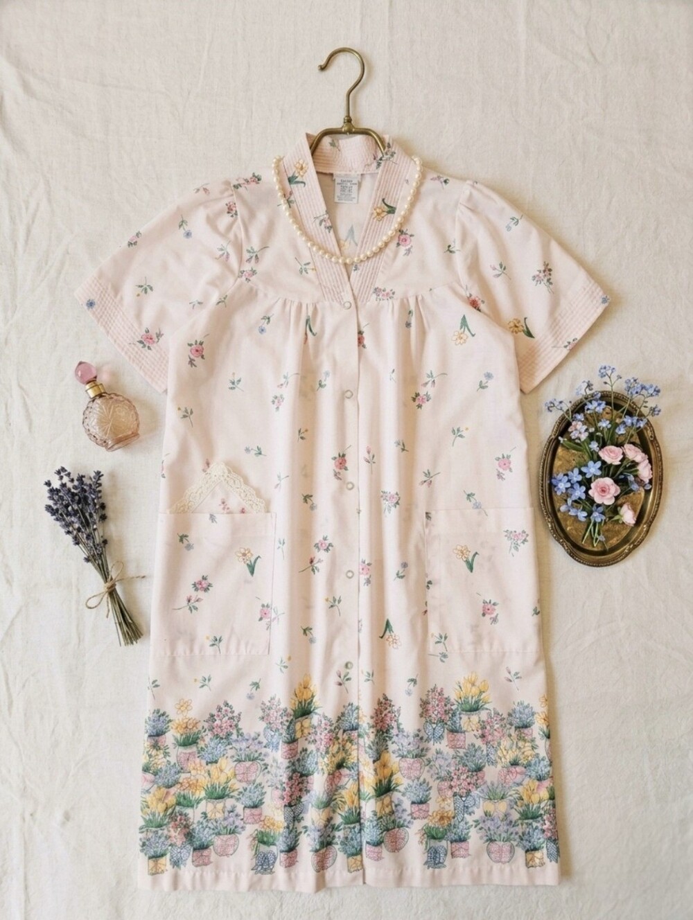 Simply Basic VTG Pink Floral Snap Front House Dress Robe Nightgown Pockets S